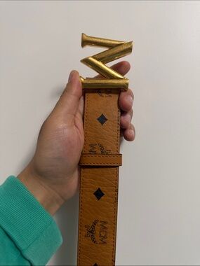 MCM Cognac Logo Leather Belt with Gold Tone M Buckle